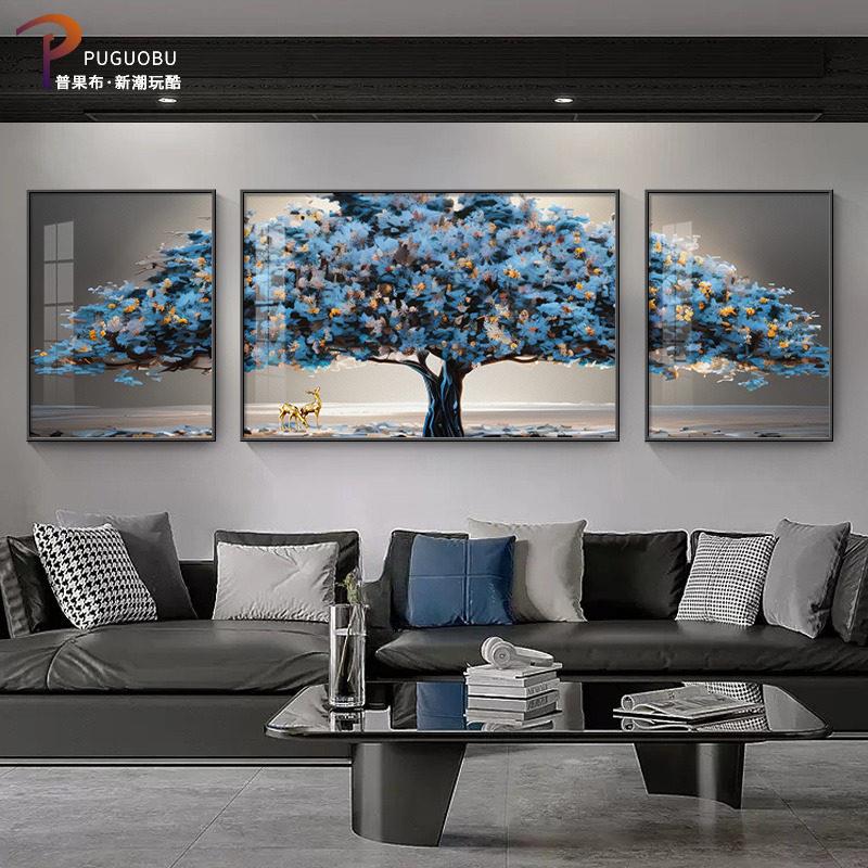 现代简约客厅装饰画发财树沙发背景墙三联挂画寓意好晶瓷镶钻壁画