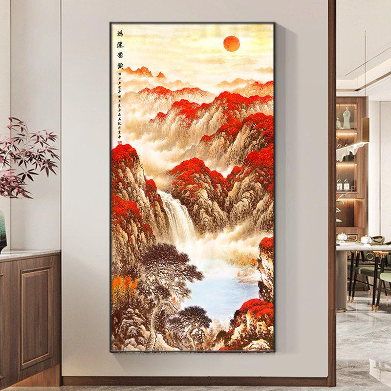 鸿运当头国画新中式玄关装饰画走廊过道尽头山水画竖版挂画墙壁