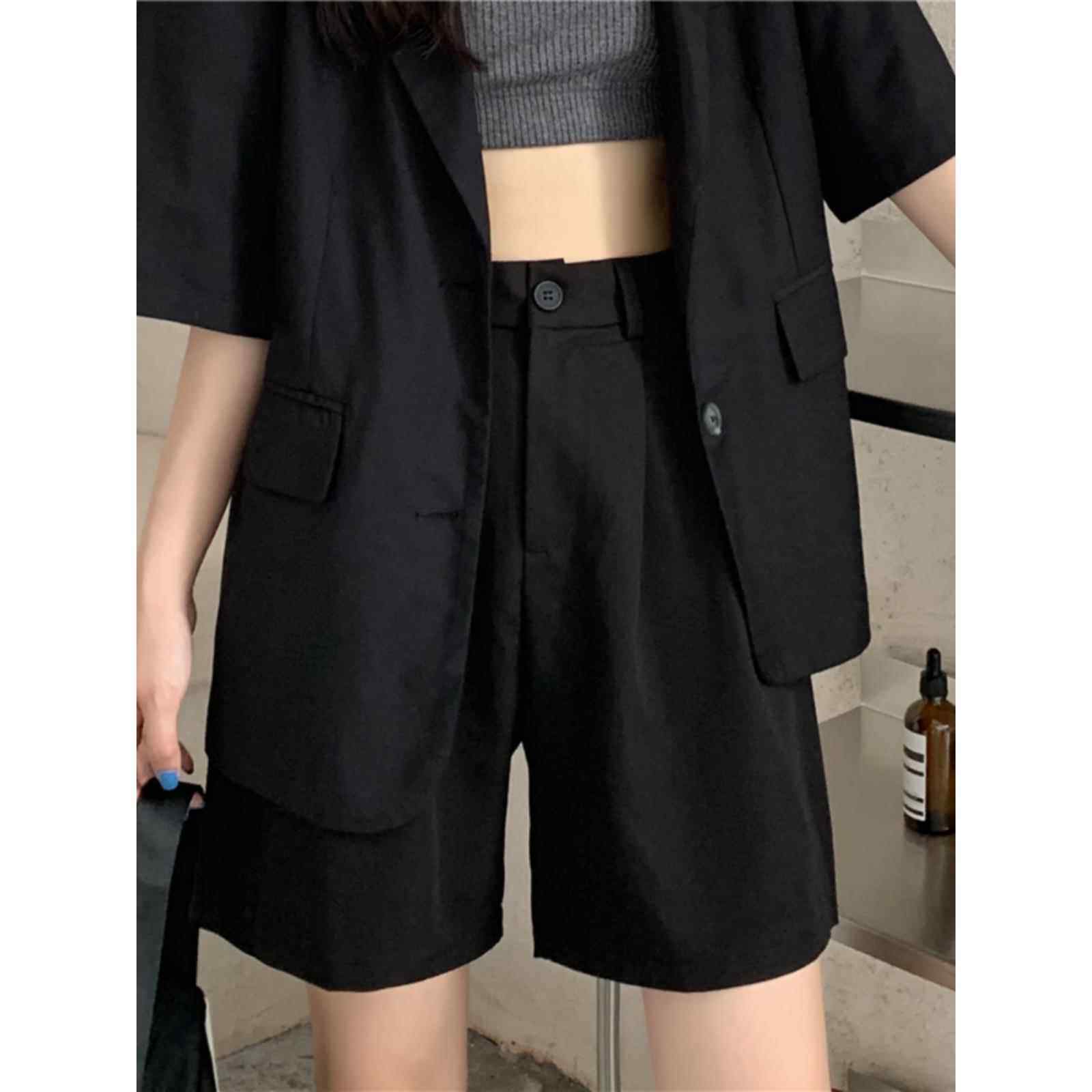 秋冬女士黑色西装五分短裤加码胖mm学生多功能休闲直筒宽腿a字短