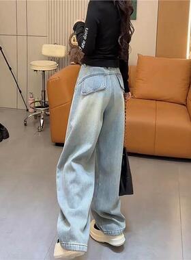 SPYB复古蓝色弯刀牛仔裤女秋冬加厚加绒小个子垂感显瘦高腰宽裤