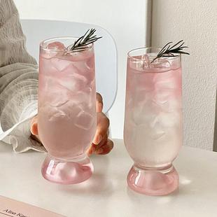 粉色底观山杯家用高颜值创意玻璃喝水果茶杯女生可爱微醺鸡尾酒杯