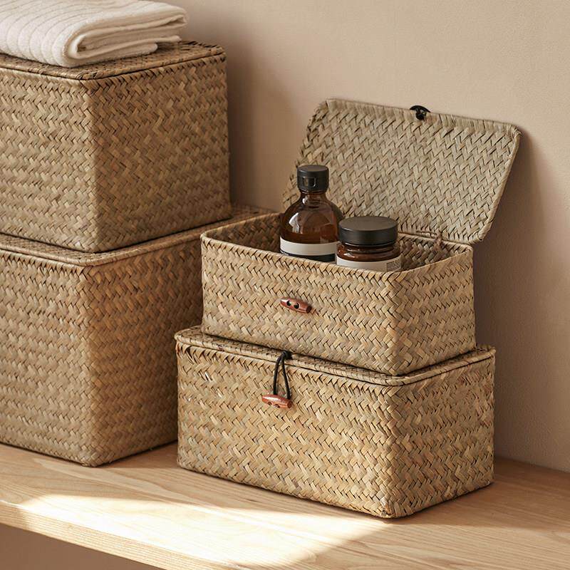 海草编织篮草编藤编竹编带盖子收纳筐桌面杂物置物篮整理箱储物篮