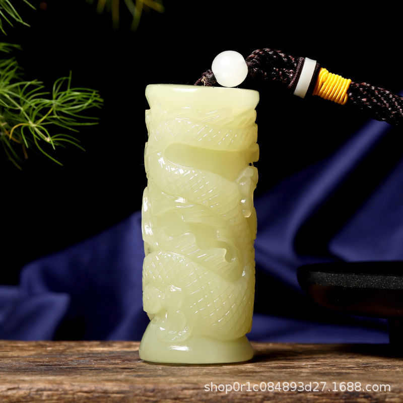 冰种阿富汗玉龙柱手把件男士盘龙柱辈辈福青白玉手玩件把玩件把玩