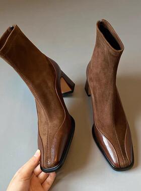 QVU~品牌专柜！复古拼接牛皮短靴秋冬方头弹力袜靴粗跟法式瘦瘦靴