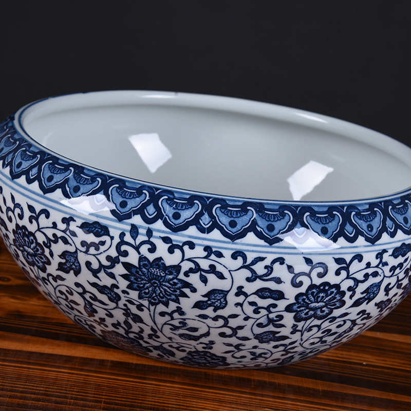 花盆古典青花瓷水培盆大口径圆形陶瓷水浅盆铜钱草一叶睡莲盆缸