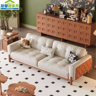 中古风布艺沙发奶油风北欧全实木沙发客厅小户型复古直排法式沙发