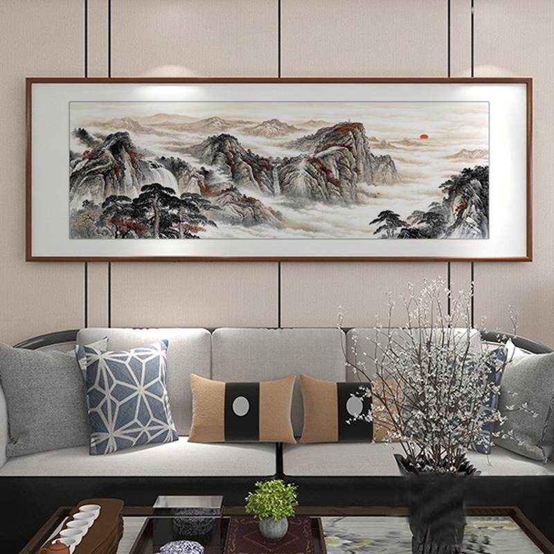 网红千峰秀国画山风画客水竞厅装饰画发背景墙壁画办沙公室景招财