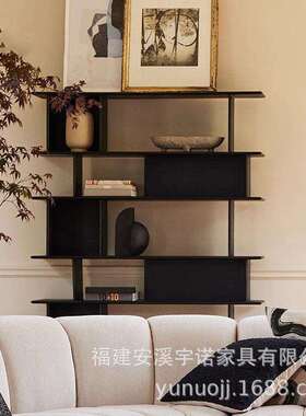 北欧书架书柜置物架实木黑色博古架落地式客厅意式轻奢展示架复古
