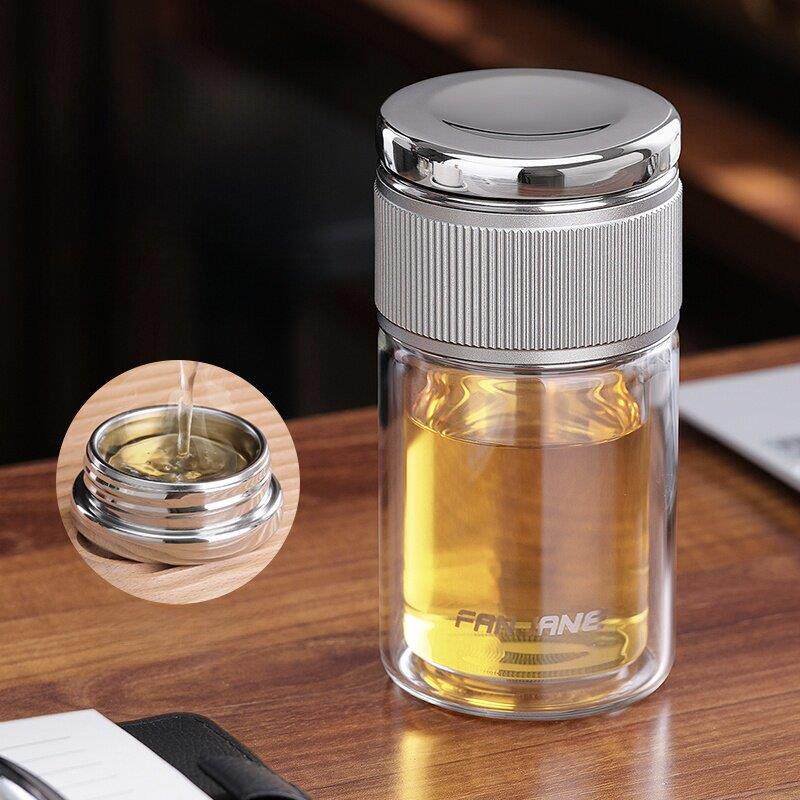 玻璃男士高档隔茶杯,双层隔热防烫家用水杯,女士手提式茶杯