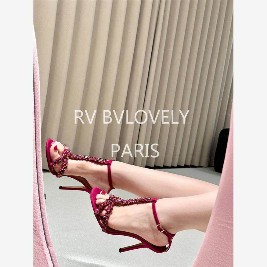 rv bvlovely露趾水钻宝石绸缎玫红色一字扣带凉鞋女细跟高跟鞋