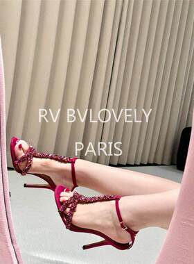 rv bvlovely露趾水钻宝石绸缎玫红色一字扣带凉鞋女细跟高跟鞋