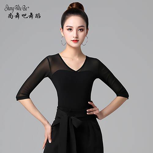 摩登舞上衣女新款国标舞蹈服社交舞网纱黑色跳舞形体拉丁舞练功服