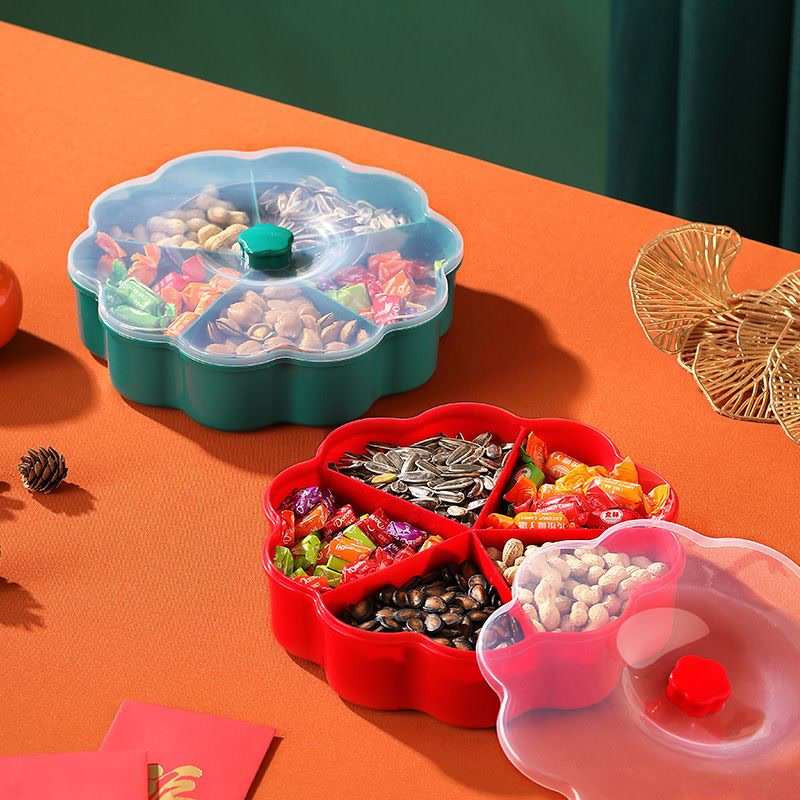 红色大号干果盘创意干果盒子分格带盖家用客厅茶几塑料瓜子糖果盒