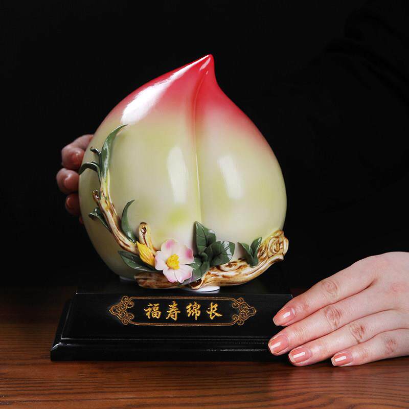 陶瓷寿桃摆件新中式厅国风福客寿绵长D04-69A工艺家 居送长辈祝寿