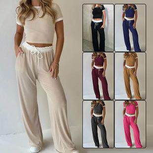 Two-piece Set Women's Fitted Colorblock Short Sleeve Pants