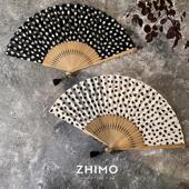 纳凉日用扇 小众泡泡纱覆古黑白波点豹纹扇子夏季 芷墨女式 折扇时尚