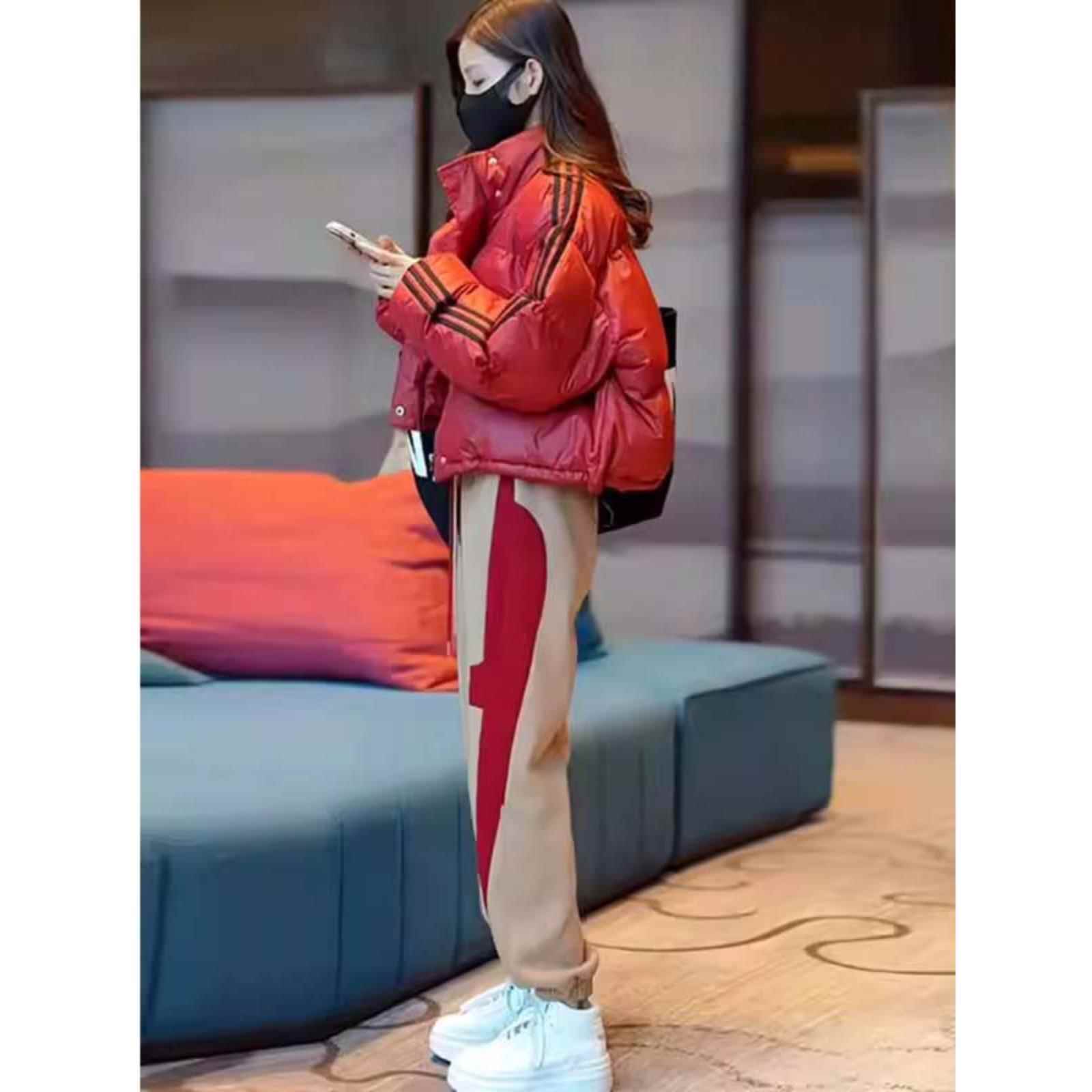 红色立领三条纹短羽绒秋冬女式欧式高档街头加厚保暖棉衣