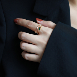 复古双层戒指女小众设计墨绿色锆石指环时尚个性高级感食指潮