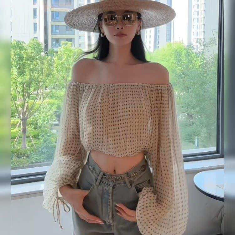 法式Rixo Kelly波点设计感百搭一字肩衬衫女气质高级感休闲小上衣