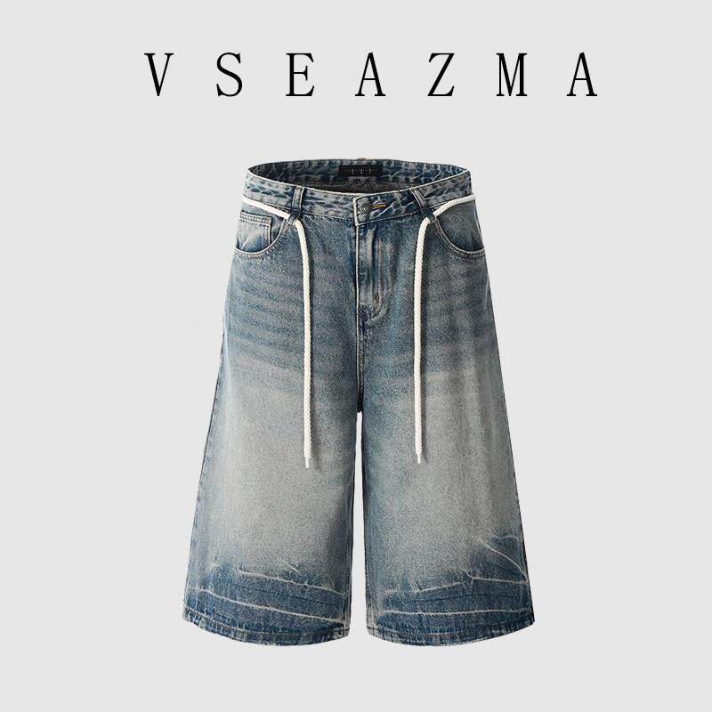 VSEAZMA美式复古牛仔短裤七分设计感休闲裤 夏季潮流棉绳装饰男女