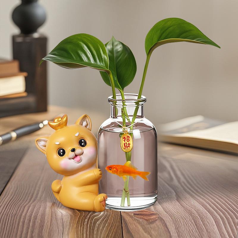 花招财猫水创意礼品办公室SPBJ水养萝花瓶器可爱新中式培茶绿桌插