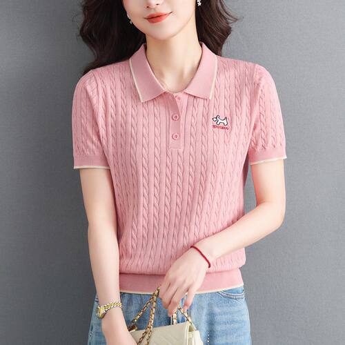 polo领冰丝针织短袖上衣女薄款2026夏季新款洋派麻花时尚T恤小衫