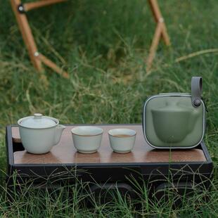 承礼 天青汝窑旅行茶具随身户外露营功夫便携逍遥快客杯一壶二杯