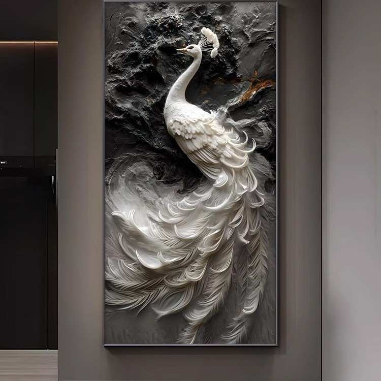 高级感浮雕立体肌理画孔雀挂画入户进门玄关装饰画走廊过道墙壁画图片