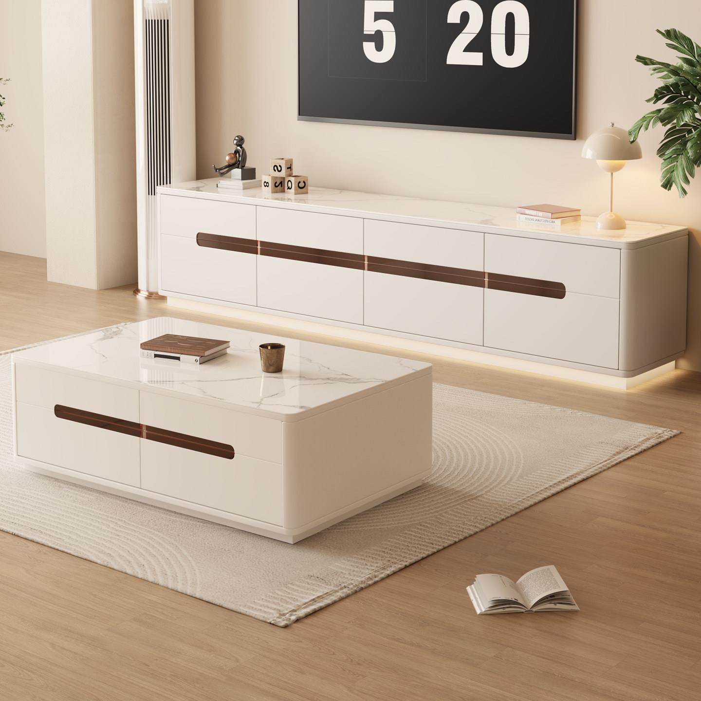 新款全实木岩板双层落地茶几电视柜组合现代简约小户型客厅奶油风,住宅家具,电视柜,淘宝优惠券,粉丝福利购,淘宝优惠卷