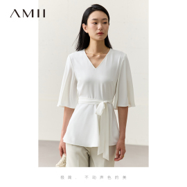 Amii2024夏V领中袖配腰带雪纺衫女修身显瘦设计感法式上衣