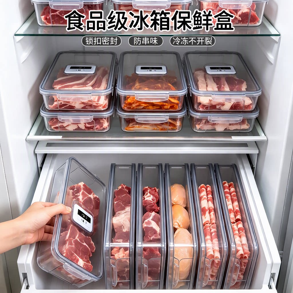 日本冰箱收纳盒保鲜盒食品级PET密封防串味日期拨盘冷冻室旗舰店