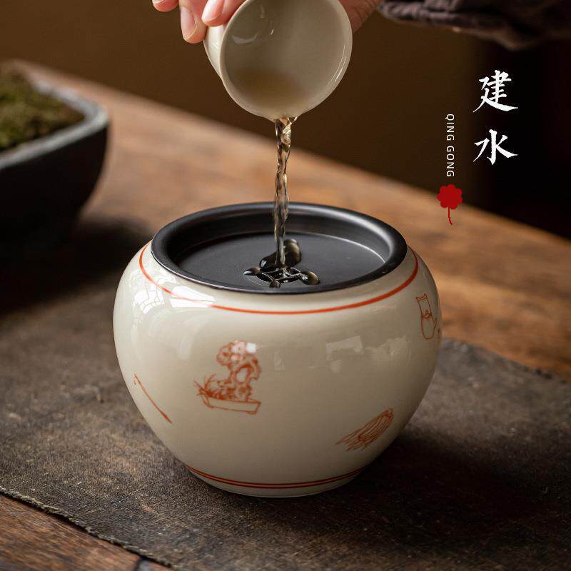 草木灰釉建水 日式陶瓷水盂茶渣桶带锡盖茶洗杯洗 功夫茶道配件