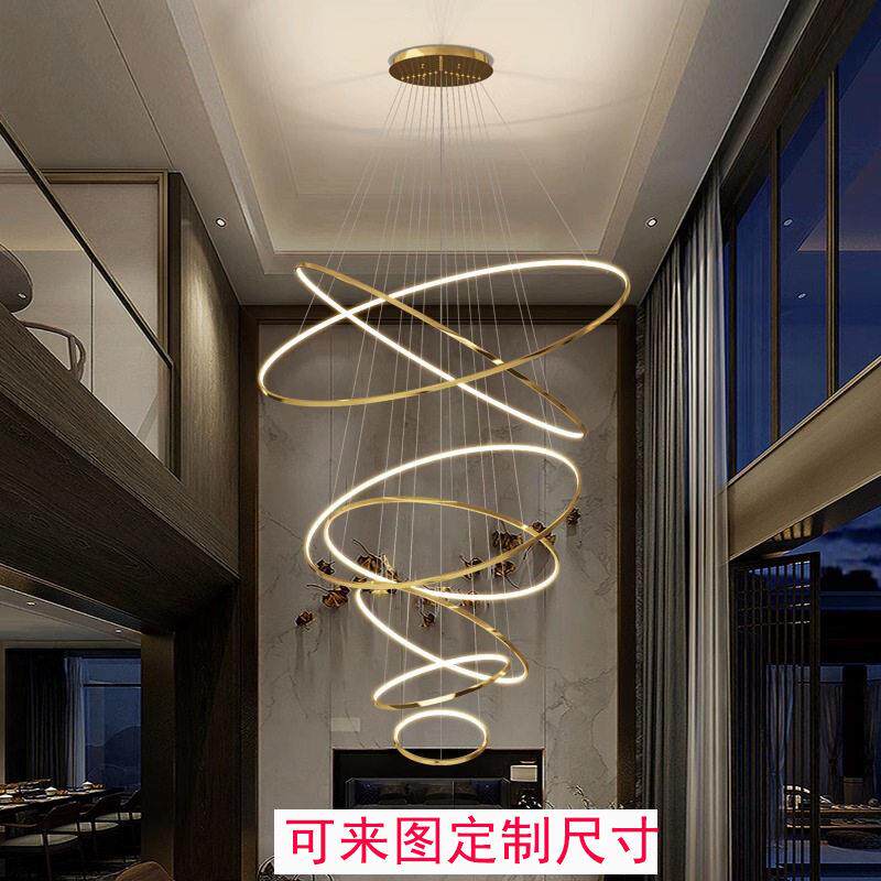 复式轻奢吊灯别墅挑客厅大吊灯现简约挑空极简圆环中空楼梯灯