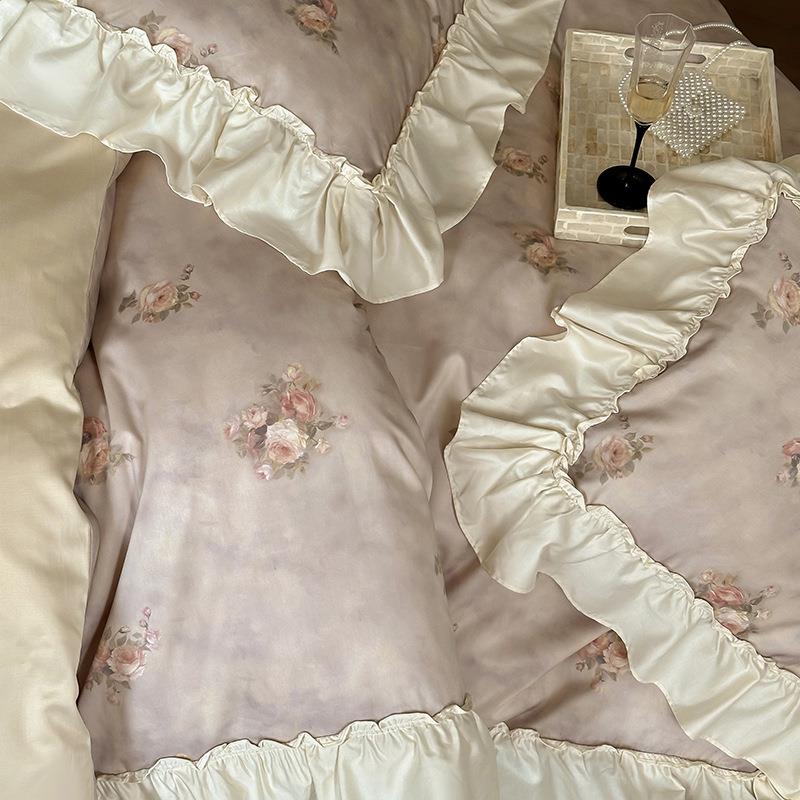 法式长漫花边100S绒棉床四件套公主浪风全棉纯QEK单棉被套罩床上