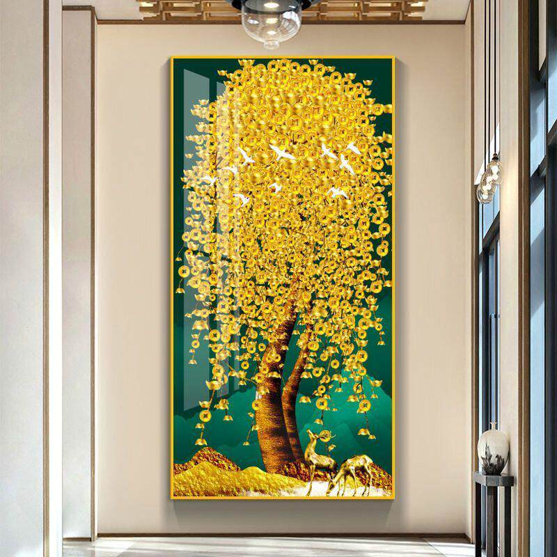 新中式轻奢玄关画级感过道画入户走廊灯光镶钻画发财树装饰挂画
