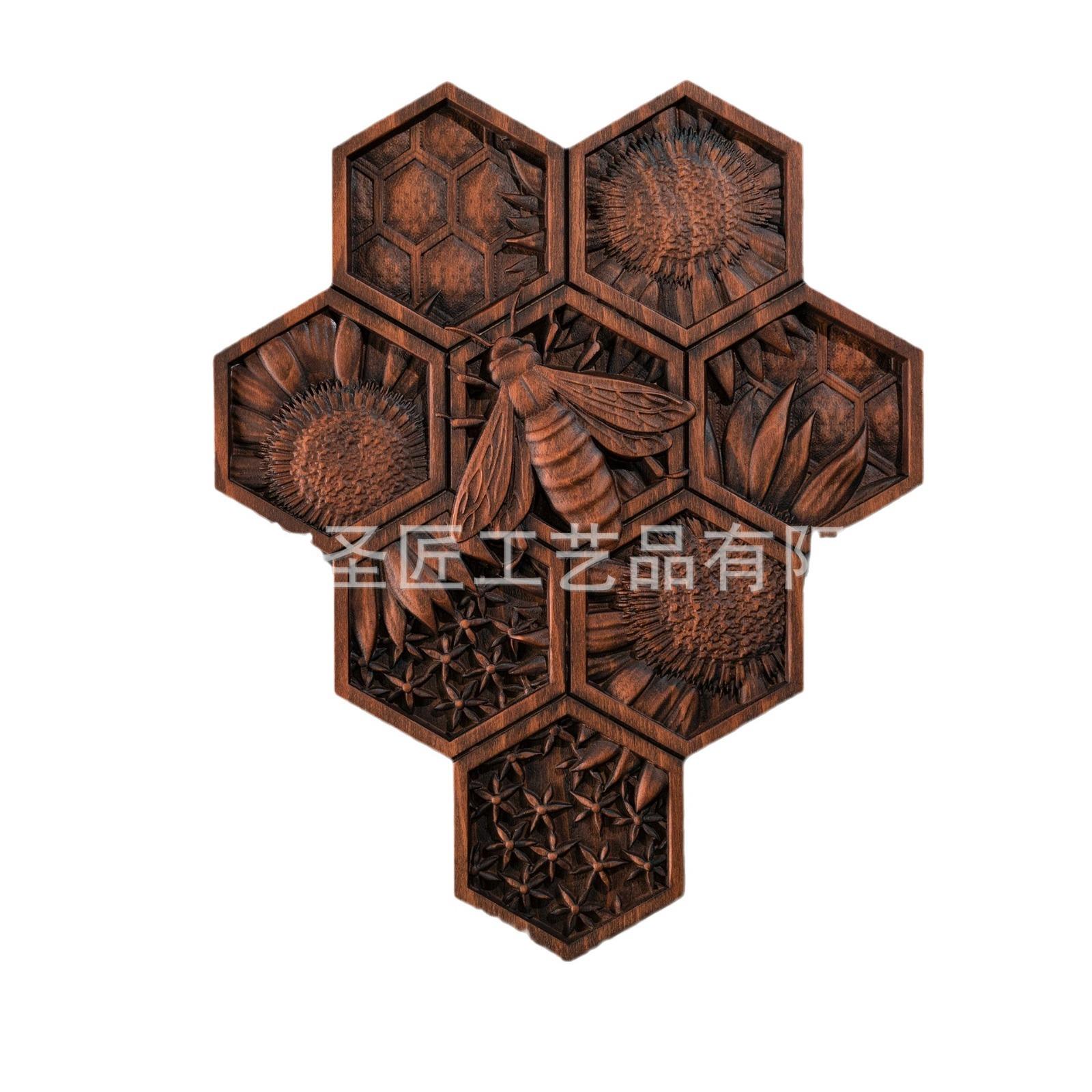 新款蜂巢工艺品挂件创意木质装饰品浮雕蜜蜂木雕装饰挂件实木挂匾