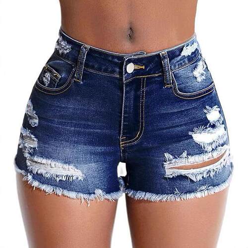 Spring Summer Washed Blue Elastic Ripped Shorts Women Street