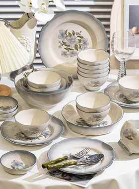 餐蓝色花卉瓷碗乔盘釉EEI下彩具套装田园古陶风中式碗筷迁碗盘碟