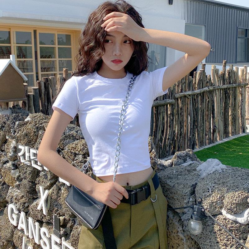 2025年新款夏小众上衣设计感白色短款t恤女短袖半袖紧身修身高腰