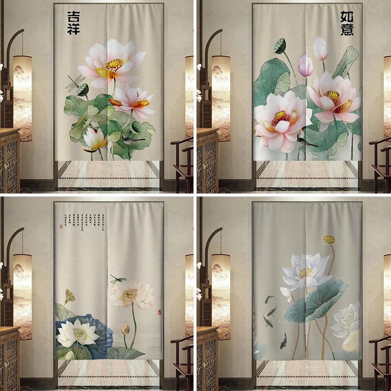 中国风水墨莲花禅宗入口风水帘客厅浴室隔断卧室厨房布艺门帘