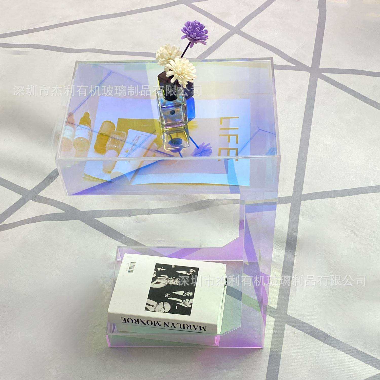 正方形高档带抽屉炫彩亚克力茶几卧室客厅家用床头柜创意边几U型