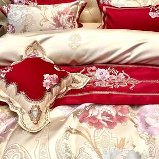 红色婚庆轻奢风提花刺绣高精密四件套全棉高端奢华床单床盖款 床品
