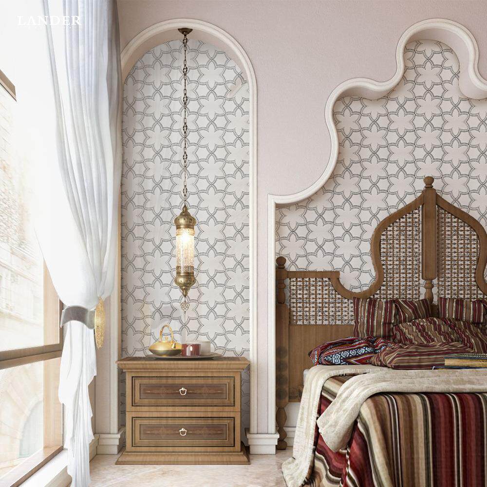 新异形六角花水刀马赛克大理石拼花高端设计款式家装工装地砖