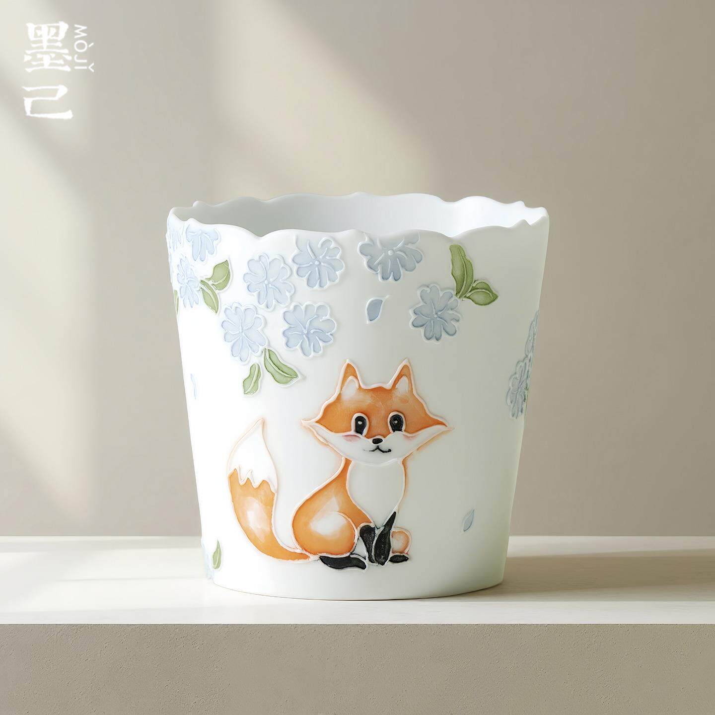 墨己脂白釉哑光手绘有田烧小狐狸陶瓷咖啡杯陶瓷杯家用牛奶杯杯子