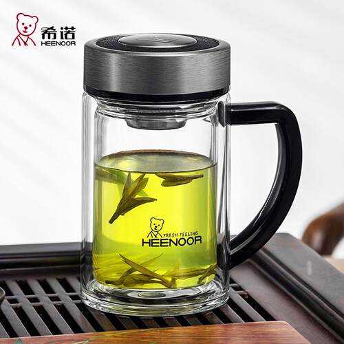希诺玻璃杯双层男士带手柄办公杯家用泡茶杯93209321 6720 6721