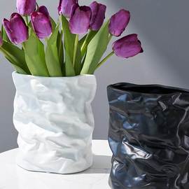 褶皱纸袋造型花瓶摆件现代艺术陶瓷居家纯色简约花器插花玄关装饰