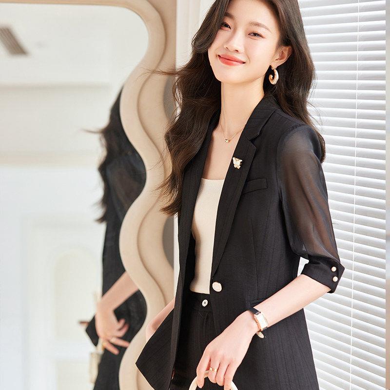 黑色七分袖西装外套女夏薄款2026新款小个子休闲气质职业西服套装