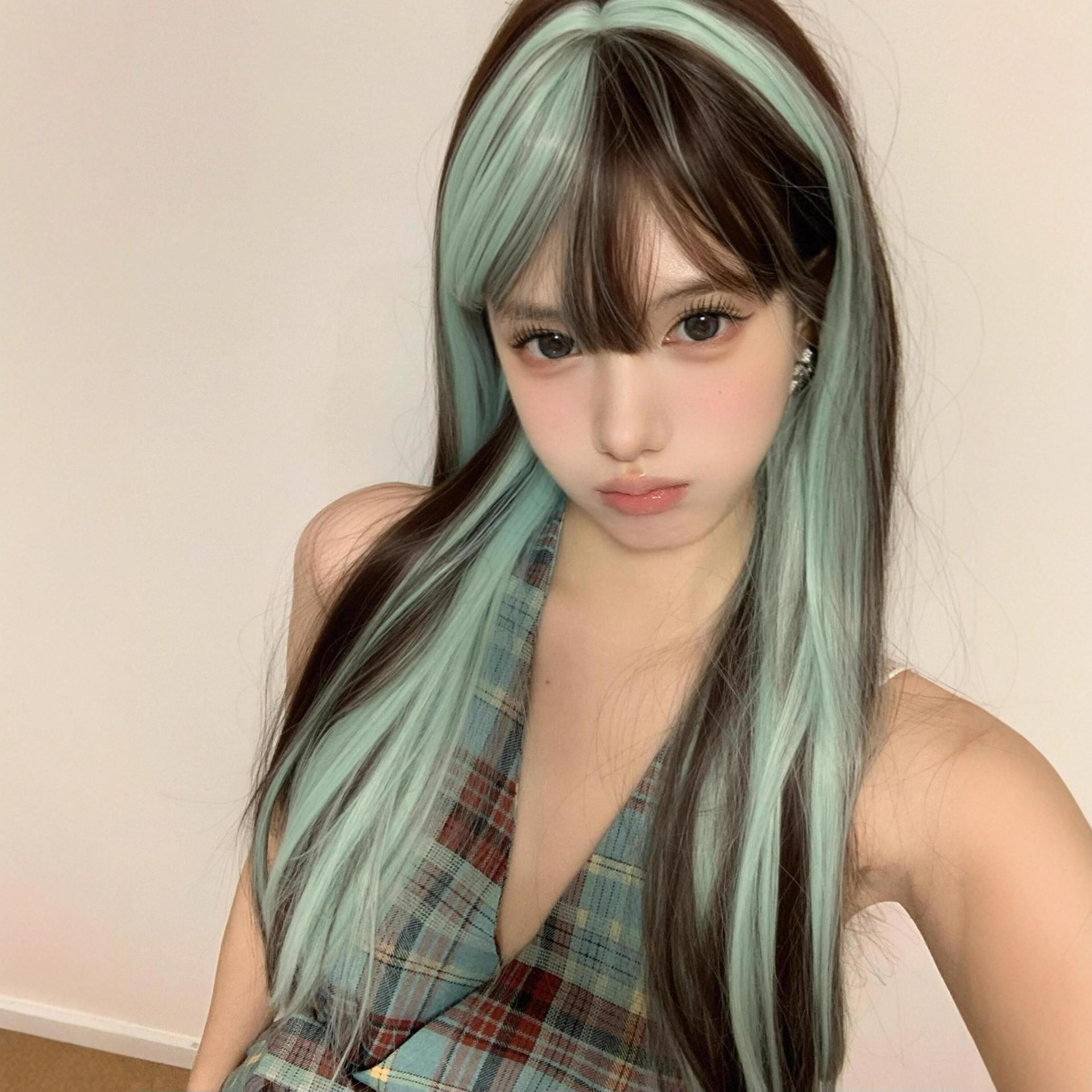 【薄荷梦境】糯叽小咪假发女黑挑染薄荷绿长直发lolita整顶全头套