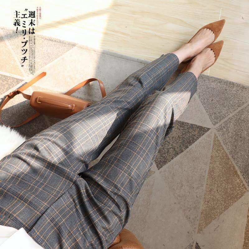 格子西装裤女千鸟格2024新款九分小脚直筒西裤设计感小众烟管裤子