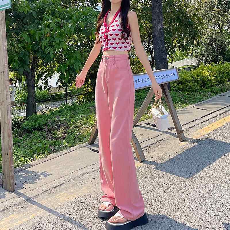 粉色阔腿牛仔裤女直筒宽松春秋薄款高腰显瘦加长彩色垂感拖地裤子